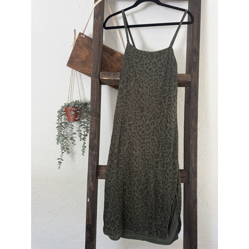 Express Small Leopard Print Midi Dress Olive  Sleeveless Ribbed Slip/ Side Slit